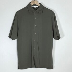 Perry Ellis Y2K Mens Button Up Shirt Size M Green Ribbed Modal Blend Old Money